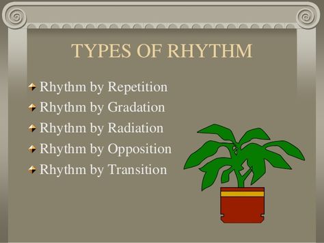 TYPES OF RHYTHM Rhythm by Repetition Rhythm by Gradation Rhythm by Radiation Rhythm by Opposition Rhythm by Transition Gradation Design, Rhythm In Design, Rhythm Art, Single Pic, Rhythmic Pattern, Principles Of Art, Principles Of Design, Elements Of Design, Visual Art