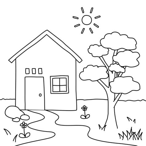 House Drawing with Village Environment for Coloring Children Book Isolated on White Background My Village Drawing, Drawing Of A Village, Village House Drawing, Simple House For Drawing, Small House Drawing, Easy House Drawing For Kids, Scenary Drawings For Kids, House Coloring Pages For Kids, Village Environment