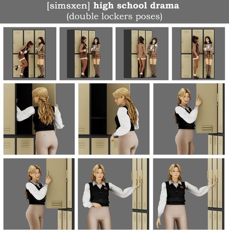 High School Drama - poses for double lockers | Patreon High School Tropes, Ts4 High School Cc, Sims 4 Locker Cc, Sims 4 High School Poses, Sims 4 School Poses, School Poses, High School Lockers, Single Poses, Sims Poses