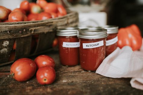 Homemade Tomato Ketchup Recipe - Abigail Albers Homemade Tomato Ketchup, Tomato Ketchup Recipe, Pickled Pears, Make Bbq Sauce, Apple Pie Filling Recipes, Pressure Canning Recipes, Roma Tomato, Canned Pears, Ketchup Recipe