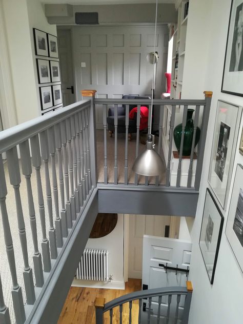 Walls, beams, bespoke book-case, panelling and bannister painted using Little Greene, eco-friendly, Intelligent Matt Emulsion in ‘Linen Wash’, ‘French Grey’ and ‘Dark Lead’. Hand-made, padded grey leather beam head-protectors. Sisal floor covering. Oak treated with Osmo Polyx-oil. Dark Painted Staircase Banisters, Dark Painted Bannister, Coloured Staircase Banisters, Grey Banister Staircases, Dark Grey Bannister, Dark Grey Staircase, Grey Bannister, Painted Banister Ideas, Painted Staircase Railing