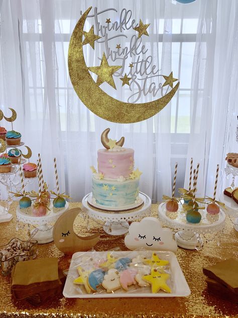 Star Themed Gender Reveal Party, Twinkle Twinkle Little Star Gender Reveal Dessert Table, Star And Moon Gender Reveal Party, Gender Reveal Twinkle Twinkle Theme Cake, Moon Themed Gender Reveal, Gender Reveal Tent Decor, Gender Reveal Ideas Moon And Stars, Gender Reveal Themes Twinkle Twinkle, Moon And Star Gender Reveal Decor