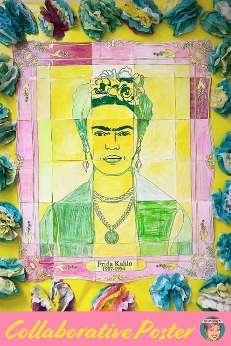 The Frida Kahlo Collaboration Portrait Poster is designed to complement Frida Kahlo lessons, Hispanic Heritage Month celebrations, Women’s History Unit, Mexican studies, or any famous artist study. This lesson is very easy for teachers (low prep) but so much fun for kids! Each student is given one piece of a large mosaic collaboration poster to color or draw. Once all sheets are colored and cut out, they are then assembled to reveal a large multi-colored mural of Frida Kahlo in various colors. Collaboration Poster, Art With Jenny K, Hispanic Artists, Artist Study, Hispanic Heritage Month, Portrait Poster, Women’s History, Hispanic Heritage, Fun For Kids