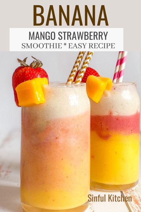 A delicious fresh fruit banana mango strawberry smoothie is filled with tropical flavors. Make this delicious smoothie in less than five minutes with only four ingredients! Add a little rum and make it an audit beverage! Healthy Soomthies, Banana And Mango Smoothie, Banana And Mango Smoothie Recipes, Banana Strawberry Smoothie, Mango Strawberry Smoothie, Smoothie At Home, Mango Banana Strawberry Smoothie, Strawberry Mango Pineapple Smoothie, Strawberry Mango Protein Smoothie