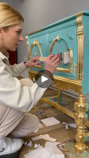 5.2M views · 384K reactions | Tiffany Blue and Gold Leaf by @redesignwithprima 🤩  . . . . #kacha #kachafurniture #chalkpaint #chalkpaintedfurniture #chalkpainted #diy #furnitureflip #furnituremakeover #furnitureartist #furniture #redesignwithprima #anniesloan #anniesloanchalkpaint #redesignwithprimatransfers | Katarina Hernandez | Željko Joksimović · Nije Ljubav Stvar Kasha Furniture Painting, Paint On Furniture, Diy Modern Furniture, Furniture Colour, Painting Gold Leaf, Painting Gold, Colour Design, Chalk Paint Furniture, Annie Sloan Chalk Paint