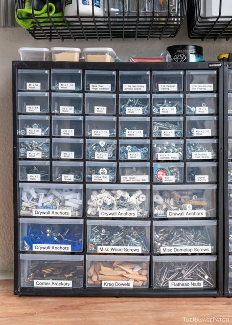 Hardware Garage Organization, Organizing Garage Shelves, Garage Paint Storage Ideas, Garage Man Cave Ideas Workshop, Garage Organization Bins, Gladiator Garage Organization Ideas, Mechanic Tool Organization Ideas, Garage Cabinet Organization, Lumber Storage Ideas