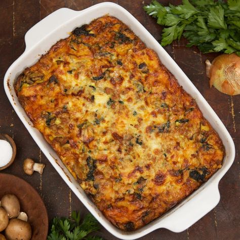 Sausage, mushroom, spinach and gruyere breakfast strata Mushroom Strata, Spinach Strata, Ranch Table, Strata Recipes Breakfast, Magnolia Table Recipes, Strata Recipe, Joanna Gaines Recipes, Sausage Mushroom, Strata Recipes