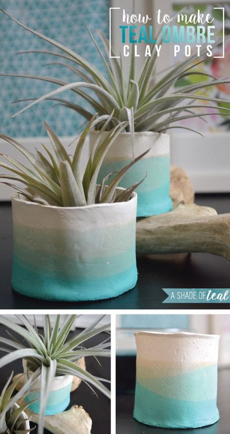 How to make Teal Ombre Clay Pots. Air Plant & succulent vase holder | A Shade Of Teal Kiln Pottery, Clay Plant Pots, Teal Ombre, Vase Holder, Diy Air Dry Clay, Air Dry Clay Projects, Clay Planters, Clay Crafts Air Dry, Clay Vase