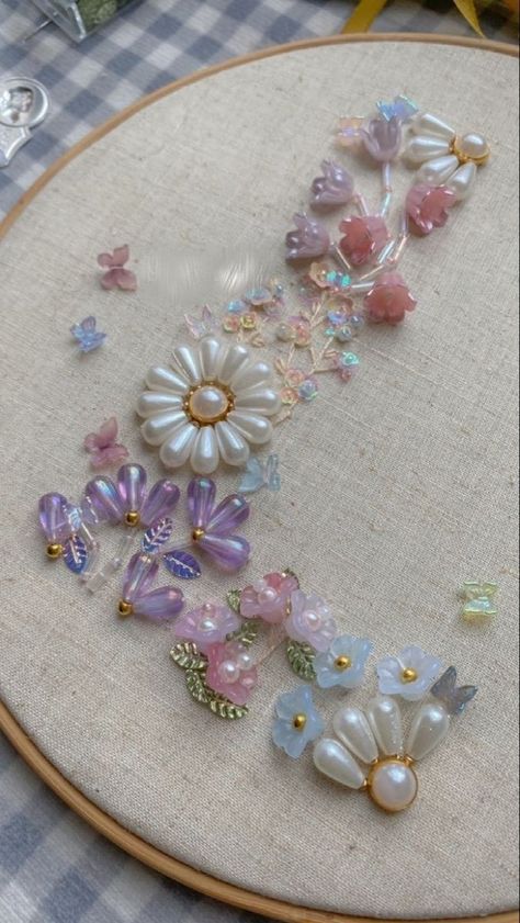 Bead Embroidery Aesthetic, Beaded Embroidery Letters, Embroidery And Beading, Beaded Embroidery Flower, Flower Bead Embroidery, Fabric Covered Canvas, Letter Frame, Bedroom Door Sign, Beaded Butterfly