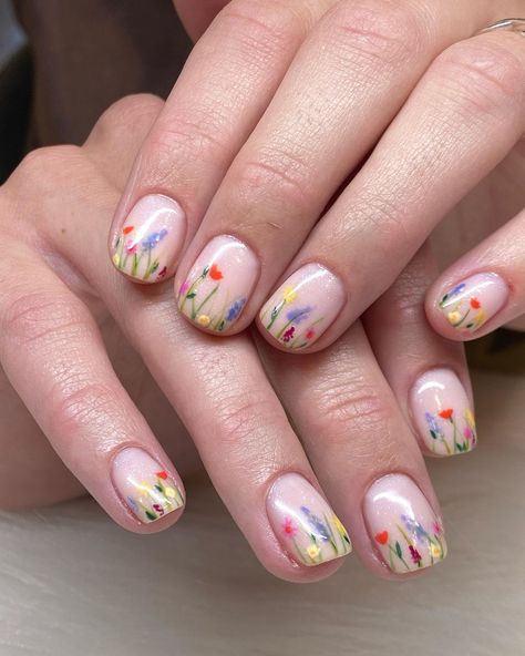 Wildflower Nails Acrylic, Wildflower Wedding Nails, Wildflower Nails Wedding, Colourful Wedding Nails, Wildflower Nail Designs, Garden Party Nails, Flower Wedding Nails, Wildflower Nail Art, Wedding Nails Floral