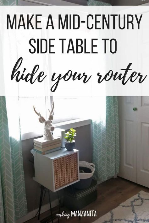 How to hide router cords | Hide your router | Hide electrical cords | Cover internet wires | Ways to hide internet boxes | How to hide your modem | Hide your router | Hiding router | Hiding internet cables | Hiding electrical wires | Hide wire eye sores | How to hide an eye sore in your home | Mid-century modern side table | Side table with hair pin legs #DIY #clutter #homedesign #organization Ways To Hide Router And Modem, Hide Modem And Router, Hide Modem, Electrical Cord Covers, Hide Electrical Cords, Hide Router, Router Box, Hide Cable Box, Vintage Medicine Cabinets