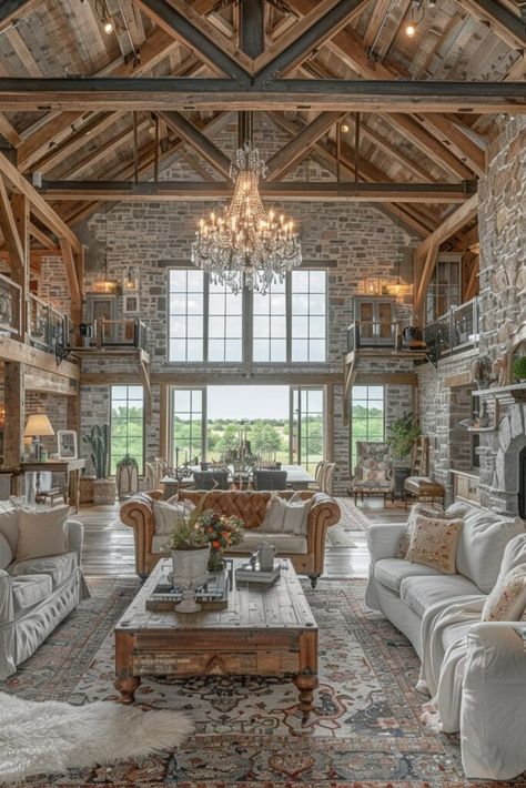 Glam Rustic Barn Stone Barndominium, Tea Storage Ideas, Barndominium Interior Ideas, Small Cabin Interiors, Barn Bedrooms, Barndominium Interior, Barn Houses, Rustic Loft, Glamorous Decor