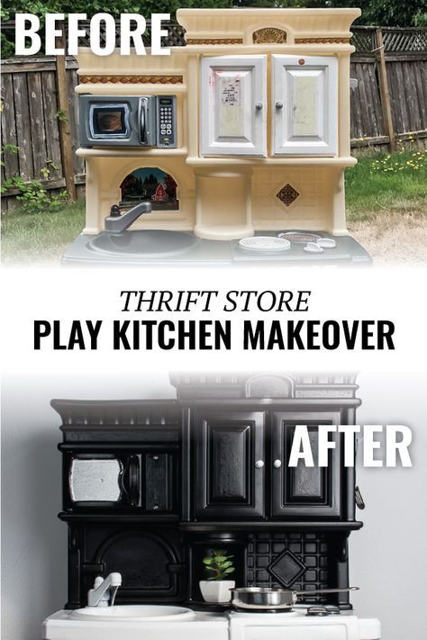 This play kitchen makeover is incredible! This plastic kitchen went from well-loved and worn down to a modern update. Check out the full before and after! #playkitchen #beforeafter #playroom Repurposed Play Kitchen, Redoing Play Kitchen, Kitchen Playset Makeover, Diy Toy Makeover, Plastic Kitchen Makeover Kids, Upcycle Play Kitchen, Play Kitchen Redo, Toddler Kitchen Makeover, Paint Play Kitchen