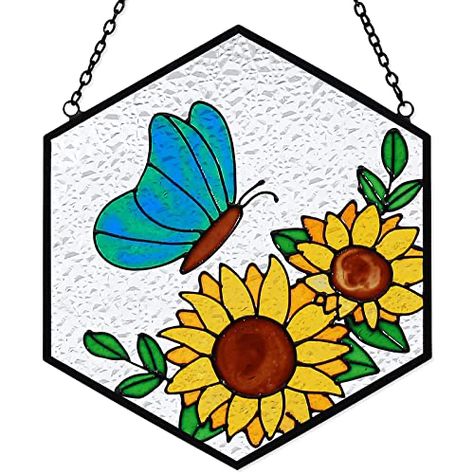 Sunflower Suncatcher, Sunflower Curtains, Butterfly Sunflower, White Lily Flower, Suncatcher Window, Stained Glass Butterfly, Stained Glass Window Hanging, Gift For Parents, Butterfly Gifts