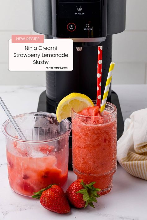 Ninja Creami Strawberry Lemonade Slushy Ninja Cream Slushie, Ninja Slushie Milkshake Recipes, Ninja Creami Slushy Recipe, Ninja Creami Alcohol Drinks, Ninja Creami Soda Slushie Recipes, Ninja Creami Slushie, Ninja Creami Drink Recipes Alcohol, Ninja Thirsti Drink Recipes, Ninja Creami Deluxe Slushie Recipes