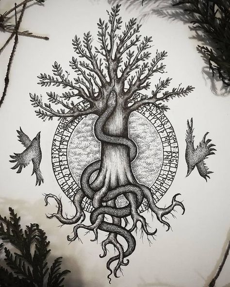 Art by 👉 @matzemlya #yggdrasil #yggdrasiltattoo #vikingtattoo #vikingart #viking #norse #norsetattoo #norsemythology #treeoflife Viking Sleeve, Runes Tattoo, Norse Tattoos, Yggdrasil Tattoo, Viking Rune Tattoo, Tree Tat, Rabe Tattoo, Norse Mythology Tattoo, Pagan Tattoo