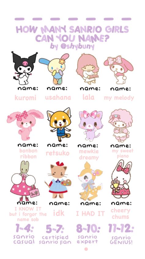 Sanrio Names Ideas, Saniro Charcters Hello Kitty, Honeymoon Sanrio, Saniro Charcters Names, Underrated Sanrio Characters Names, Cinnamoroll Family Names, All Sanrio Characters Names, Shybuny Template, Lesser Known Sanrio Characters