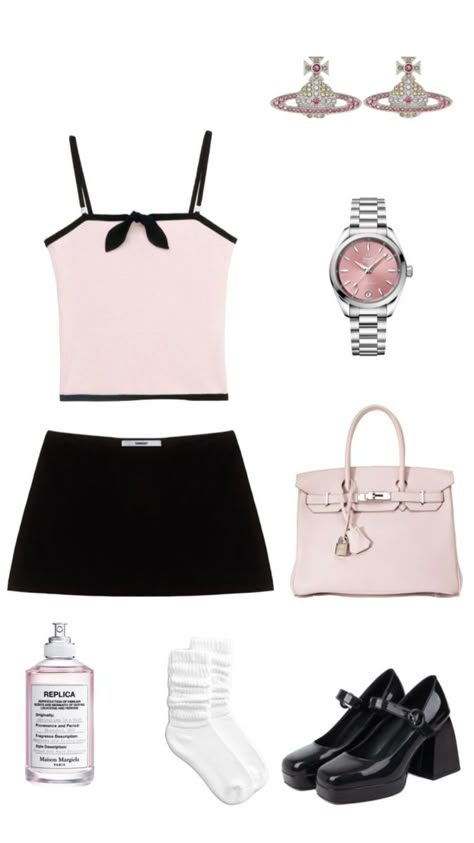 Black mini skirt, now pink top, Vivienne Westwood, silver watch, playroom heels, coquette Heels Coquette, Pink Summer Outfits, Black Mini Skirt Outfit, Cool Girl Outfits, High Fashion Outfits, Aesthetic Fits, Miniskirt Outfits, Lazy Outfits, Mood Board Fashion