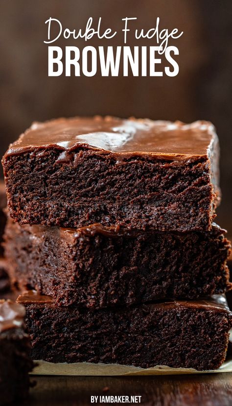 A stack of three decadent double fudge brownies on a piece of parchment paper. Rich Fudgy Brownies, Moist Fudge Brownies, Moist Chocolate Brownies Recipe, Different Types Of Brownies, Fudge Brownie, Double Fudge Brownies, Brownies With Frosting, Chocolate Brownies Recipe, 9x13 Brownie Recipe