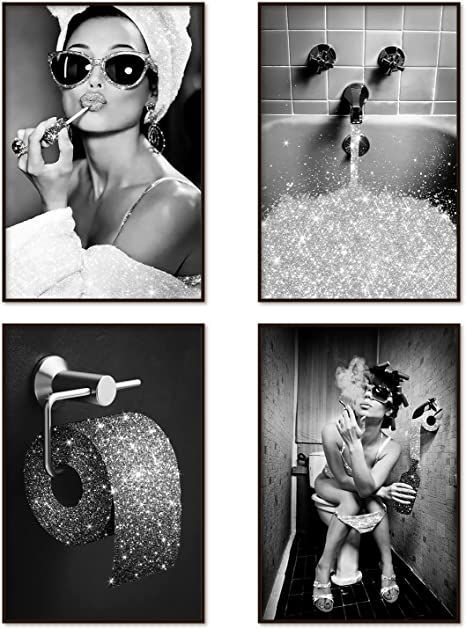 Modern Fashion Women, Glitter Bathroom, Pictures For Bathroom Walls, Bathroom Decor Wall Art, Artwork For Wall, Bathroom Decor Wall, Glam Bathroom, Eclectic Wall Decor, Wall Art Set Of 4