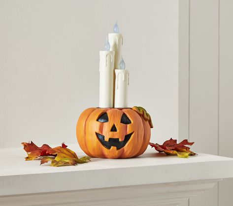 Light-Up Spooky Pumpkin with Candles | Pottery Barn Kids Kid Friendly Halloween Decorations, Festive Halloween Decor, Kid Friendly Halloween, Pumpkin Display, Dripping Candles, Pumpkin Candles, Halloween Lights, Spooky Pumpkin, Halloween 2024