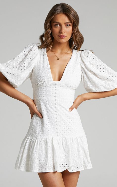 Gladys Embroidered Mini Dress with Puff Sleeves in White | Showpo EU Confirmation Dresses, Embroidered Mini Dress, Dress With Puff Sleeves, Grad Dresses, Jewellery Shop, White Dress Summer, White Dresses, Lace Up Heels, White Summer