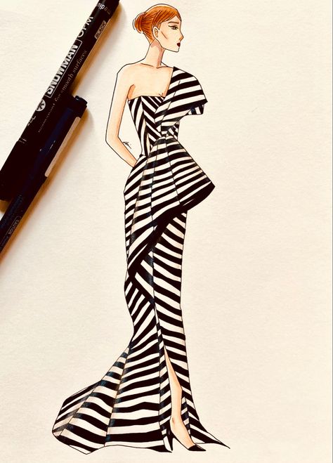 Stripes Dress Illustration, Geometrical Print Dress Illustration, Stylization Fashion Illustration, Marker Watercolor, Fashion Illustration Poses, Fashion Illustration Tutorial, Fashion Illustration Collage, Fashion Design Books, Fashion Illustrations Techniques