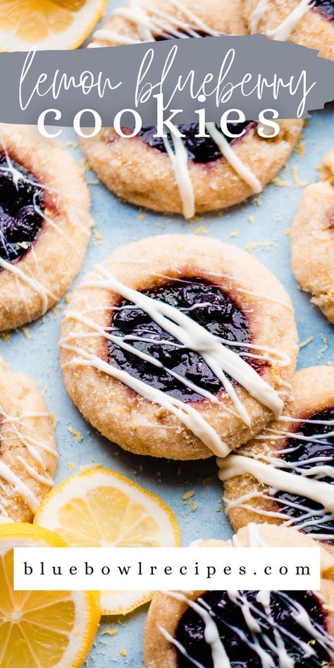 These Blueberry Lemon Cookies are made with lemon sugar cookie dough, rolled in lemon sugar, and baked with a quick homemade blueberry jam in the center. These cookies are irresistible - thick, soft, and full of fresh blueberry and lemon flavor! #blueberrylemon #lemonblueberry #blueberrylemoncookies #cookies #cookierecipes #blueberrydessert #dessertrecipes #easterdessert #summerdessert #christmascookies #makeaheaddessert #bluebowlrecipes | bluebowlrecipes.com Blueberry Lemon Cookies, Lemon Thumbprint Cookies, Lemon Sugar Cookie, Homemade Blueberry Jam, Lemon Blueberry Cookies, Easy Homemade Cookies, Blueberry Chocolate, Blueberry Cookies, Lemon Sugar Cookies