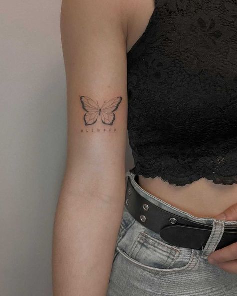 Blessed Butterfly Tattoo, Back Tats Women Butterflies, Bicep Butterfly Tattoo Women, Blessed Tattoo With Butterfly, Butterfly Bicep Tattoo Women, Simple Bicep Tattoos For Women, Tattoo On Bicep Women, Bicep Butterfly Tattoo, Biceps Tattoo For Women