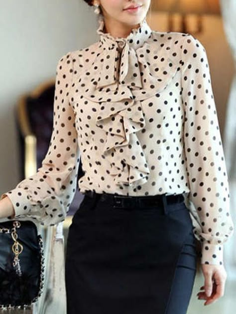 Flounce Pattern, Blouse Tops Designs, Women Blouses Fashion, Fashion Tops Blouse, Blouse Material, Women Blouses, Polka Dot Blouse, Band Collar, Blouse Outfit