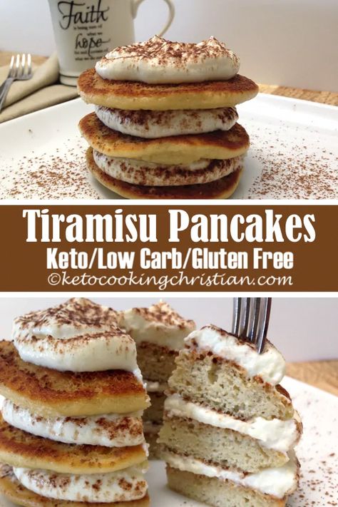 Tiramisu Pancakes - Keto, Low Carb, Sugar & Gluten Free Smooth and creamy mascarpone cream fill the layers between these light and fluffy pancakes, with a dusting of cocoa powder over the top! #ketorecipes #keto #lowcarb #ketodiet #ketogenicdiet #lowcarbdiet #ketogenic #lowcarbhighfat #lowcarbrecipes #lchf #glutenfree #ketoweightloss #ketocookingchristian Pancakes Ideas, Bariatric Desserts, Tiramisu Pancakes, Kito Diet, Diet Desserts Recipes, Light And Fluffy Pancakes, Keto Chaffles, Keto Treats, Keto Journey