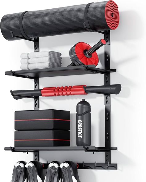 Amazon.com: Crostice Home Gym Storage Shelf Only, Adjustable Gym Equipment Organizer Wall Mounted with 1 Board, Yoga Mat Holder, Storage Rack Compatible with Peloton Shoes & Mat, Shelf for Home Gym Accessories : Home & Kitchen Exercise Room Storage Ideas, Home Gym Wall Storage, Gym Corner At Home, At Home Gym Room Small Spaces, Small Fitness Room, Gym Corner, Gym Equipment Storage, In Home Gym, Gym Organization