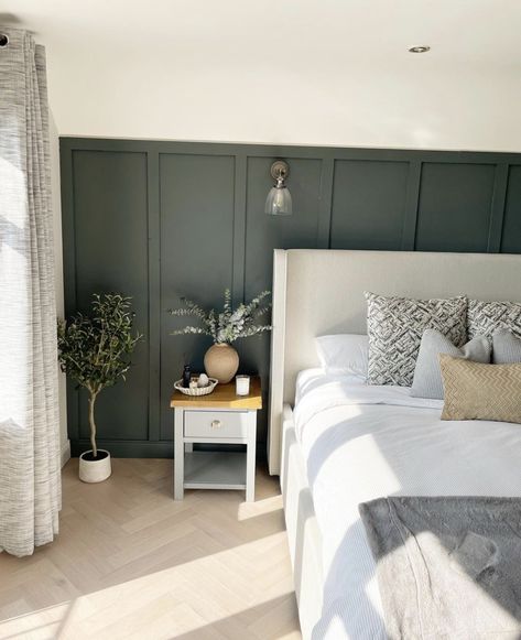 Bedroom Panelling Modern, Bedroom Ideas Green Panelling, Panelled Bedroom Wall Headboards, Super King Bedroom Ideas, Vertical Bedroom Panelling, Bedroom Dark Panelling, Green Bedroom Wall Panelling, Panelling Green Bedroom, Bedroom Panelling With Picture Rail