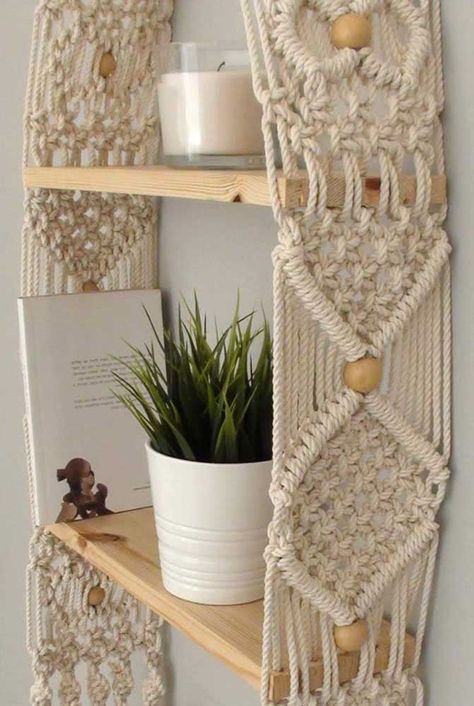 Unique Macrame, Macrame Shelf, Wall Hanging Shelves, Macrame Wall Hanging Patterns, Rope Shelves, Hanging Shelf, Shelf Wall, Macrame Patterns Tutorials, Diy Macrame