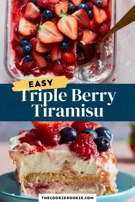 Strawberry Tiramisu with Blueberries and Raspberries is a delicious triple berry dessert! This fruity tiramisu recipe is sweet, beautiful, easy, and SO delicious. It's the perfect easy dessert recipe for Valentine's Day, 4th of July, or any other day of the year! #thecookierookie #desserts #berries #strawberry #tiramisu #valentinesday #4thofjuly Berry Tiramisu, Blueberries And Raspberries, Strawberry Tiramisu, Berry Dessert Recipes, The Cookie Rookie, Easy Dessert Recipe, Cookie Rookie, Fruit Dessert Recipes, Berry Dessert