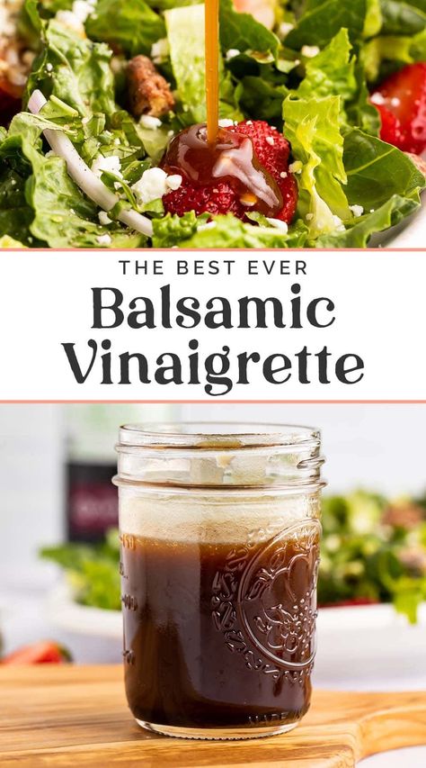 This is simply the best ever balsamic vinaigrette recipe! It's super easy to make and is tangy and lightly sweetened, thanks to a little maple syrup. I serve this often, always to rave reviews. Leave out the maple syrup if you prefer a more savory balsamic dressing. Balsamic Vinaigrette Recipe, Balsamic Vinaigrette Dressing, Vinaigrette Recipe, Salad Dressing Recipes Homemade, Vinaigrette Recipes, Balsamic Dressing, Homemade Salads, Vinaigrette Dressing, Homemade Salad Dressing