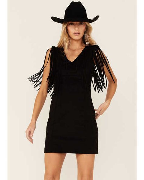 Idyllwind Womens Black Lady Bird Faux Suede Fringe Muscle Sleeve Dress, Black Faux Suede Dress, Western Party, Boot Barn, Black Lady, Lady Bird, Suede Dress, Suede Fringe, Black Xs, Stretch Satin