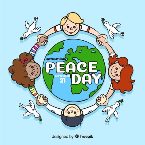 Hand drawn peace day with children Free Vector Peace Art For Kids, World Peace Drawing, Poster On Peace, World Peace Day Poster, Peace Day Drawing, International Peace Day Poster, World Peace Art, Peace Day Poster, Save Environment Poster Drawing