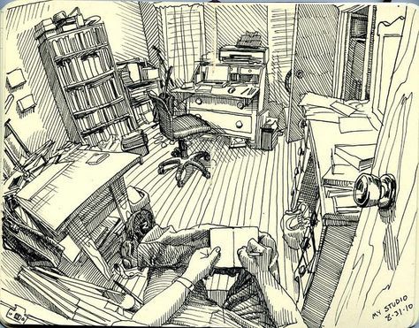 Paul Heaston's image gives us a sort of fish-eye effect with this perspective. Train Perspective, Pov Drawing, Paul Heaston, Studio Closet, Perspective Sketch, Perspective Art, Interior Sketch, Perspective Drawing, Sketchbook Journaling