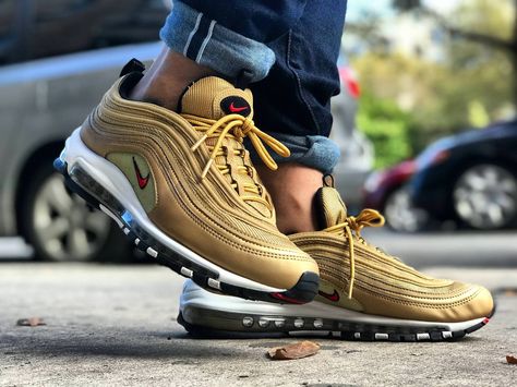 Worth their weight in gold : Nike Air Max 97 Metallic Gold Nike 97, Gold Nike, Nike Gold, Nike Air Max 97, Nike Sneakers, Air Max Sneakers, Metallic Gold, Sport Outfits, Air Max