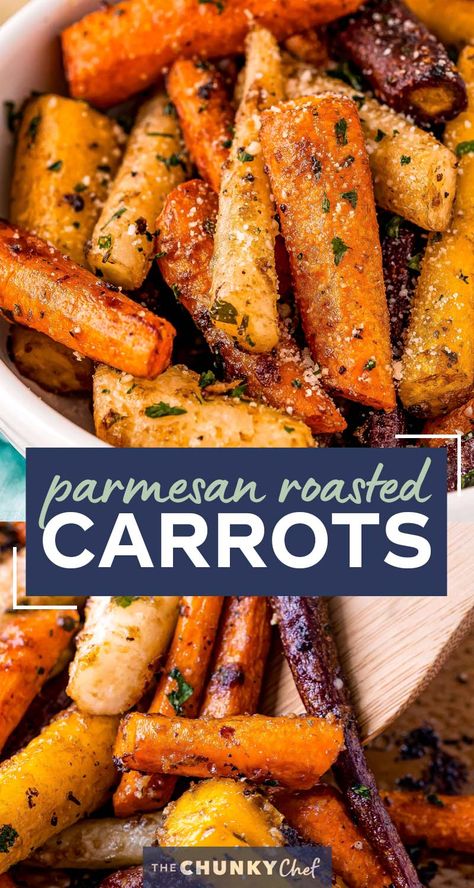 This classic Roasted Carrots recipe combines crisp fresh carrots, seasonings, garlic and Parmesan cheese, and bakes them until tender with lightly caramelized edges!  Savory with a natural sweetness from the carrots, it's the perfect side dish for the holidays or family dinner! #carrots #sidedish #vegetables #roasted #Parmesan #holiday #thanksgiving #easyrecipe #roastedveggies Roasted Carrots Salad, Seasoned Carrots Side Dishes, Roasted Carrots With Parmesan Cheese, Holiday Vegetables Recipes, Vegetable Dish For Thanksgiving, Roasted Carrots Savory, Carrot Seasoning, Fresh Carrot Recipes, Thanksgiving Carrot Recipes