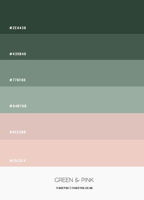 Dark Green Pink And White Bedroom, Sage Green And Light Pink Color Palette, Pink Bedroom Colour Schemes, Sage Green Pink Black Bedroom, Blush And Green Interior Design, Army Green And Pink Color Palette, Pink Green Silver Bedroom, Green Cabinets Pink Walls, Pink And Green Master Bedrooms