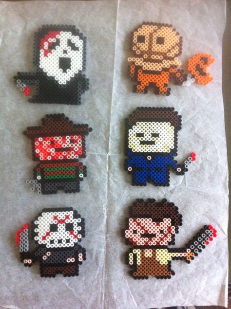 Updated perler monster mash Chucky Perler Bead Patterns, Perler Bead Patterns Ghost, Horror Perler Bead Patterns, Michael Myers Perler Beads, Creepy Perler Bead Patterns, Horror Movie Perler Beads, Micheal Myers Perler Bead, Mr Wobble Perler, Hama Beads Horror