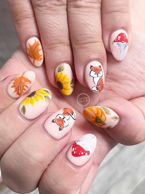 Fall leaves, fox, pumpkin, toadstool, sunflower nail art Fox Nail Art, Fox Pumpkin, Sunflower Nail, Sunflower Nail Art, Fox Nails, Sunflower Nails, Nail Idea, Autumn Nails, Fall Nails