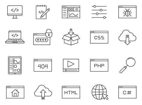 20 Coding Vector Icons Coding Branding, Coding Icon, Coding Drawing, Coding School, School Icon, Modern Monochrome, Code Black, Technology Icon, Black And White Lines