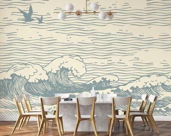 Wall mural ocean | Etsy Wallpaper Waves, Ocean Mural, Kids Room Wall Murals, Kids Room Murals, Banana Leaf Wallpaper, Vintage Ocean, Vintage Waves, Palm Wallpaper, Future Room