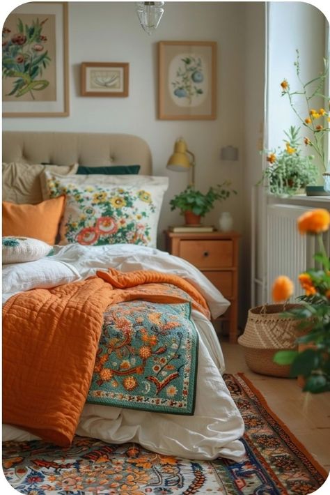 Boho Room Decor Bedroom, Colorful Boho Decor Bedroom, Boho Bedroom Colourful, Fun Guest Room Ideas, Colorful Cozy Bedroom, Orange Themed Bedroom, Cozy Bright Bedroom, Colourful Boho Bedroom, Boho Colorful Bedroom