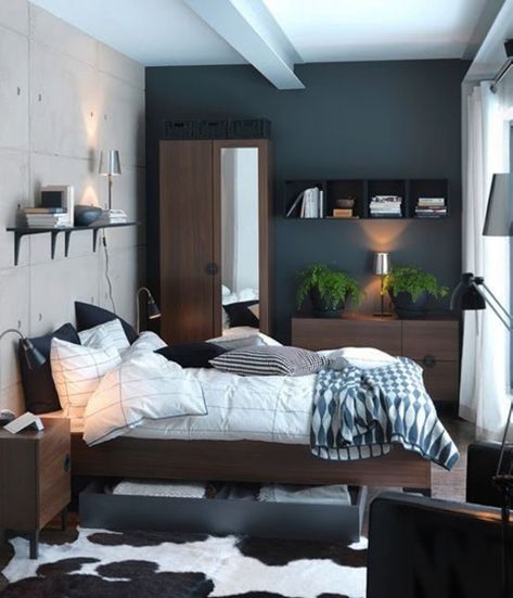 This small, masculine bedroom uses strategic organization to make every inch of square footage count! This is also a great example that dark wall colors don't always make a small space feel smaller. Ikea Small Bedroom, Ikea Bedroom Design, Small Bedroom Interior, Ikea Bedroom, Small Space Bedroom, Small Bedroom Designs, Small Bedroom Decor, Small Room Design, Trendy Bedroom