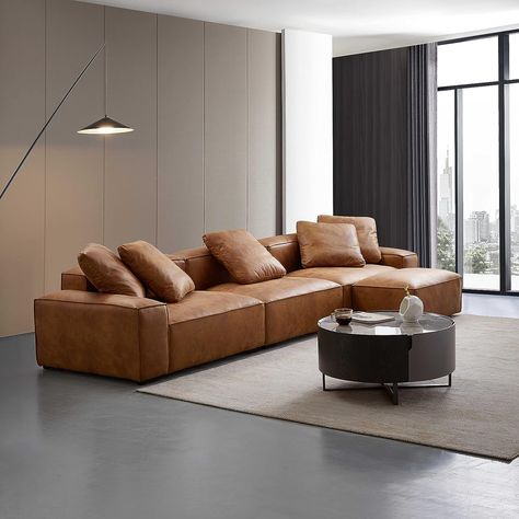 Large L-Shaped Sofa Couch with Ottoman, Filled with Feather, Modern Air Leather Love Seats Furniture Waterproof Dust-Proof Sofa Set for Living Room (Cognac Tan) Tan Sofas, Olive Living Rooms, Ottoman Large, Tan Leather Couch, Sofa Set For Living Room, Olive Sofa, Tan Sofa, Leather Couches Living Room, Large Sectional Sofa