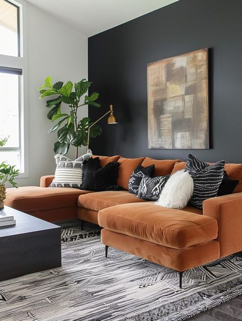 Rust Home Decor Color Palettes, Rust And Grey Living Room, Burnt Orange Living Room, Earthy Living Room, Snug Room, Colored Rug, Black And White Living Room, Living Room Orange, Small Apartment Living Room